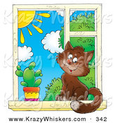 Critter Clipart of a Cute Brown House Cat Sitting by a Spiky Cactus in a Window, Looking Outside on a Sunny Day by Alex Bannykh