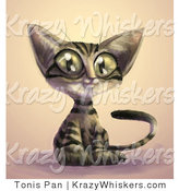 Critter Clipart of a Cute Brown Tabby Cat with Black Stripes and Large Green Eyes, Sitting with an Innocent Look on His Face by Tonis Pan
