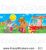 Critter Clipart of a Cute Cat with an Accordian and Bear with a Book Waving at a Piggy in a Tram Car by Alex Bannykh