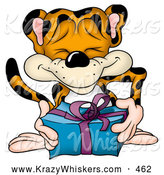 Critter Clipart of a Cute Friendly Leopard Giving a Blue and Purple Present by Dero