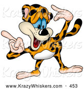 Critter Clipart of a Cute Goofy Leopard Bending Forward and Pointing to the Left with Both Hands by Dero