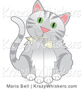 Critter Clipart of a Cute Gray Tabby Kitty with Green Eyes, Holding a Fishbone in Its Mouth by Maria Bell