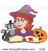 Critter Clipart of a Cute Halloween Witch Reading a Spell Book with a Cat by Visekart