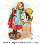 Critter Clipart of a Cute Little Blond Victorian Girl Trying to Train Her Cat to Listen to Her Commands, Teaching Kitty to Sit on a Stool by OldPixels