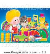 Critter Clipart of a Cute Little Blond White Boy, a Cat and Fox Admiring a Large Group of Birthday Presents by Alex Bannykh