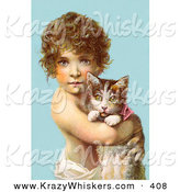 Critter Clipart of a Cute Little Curly Haired Victorian Child Holding a Kitten in Their Arms, over a Blue Background by OldPixels