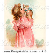 Critter Clipart of a Cute Little Victorian Girl in a Pink Dress, Holding up and Kissing Her Cute Kitten on the Cheek by OldPixels