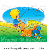 Critter Clipart of a Cute Orange Cat Stealing Fish from a Bucket While a Boy Fishes in the Background by Alex Bannykh