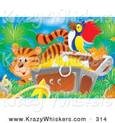 Critter Clipart of a Cute Orange Tiger by a Bird Flying by a Parrot Perched on a Treasure Chest Full of Gold and Diamonds by Alex Bannykh