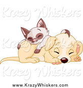 Critter Clipart of a Cute Puppy Dog Sleeping with a Siamese Kitten on His Back by Pushkin