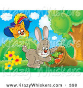 Critter Clipart of a Cute Puss in Boots, the Cat, Watching a Easter Rabbit Stuff Carrots in a Sack by Alex Bannykh