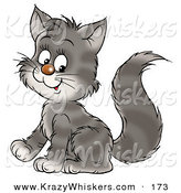 Critter Clipart of a Cute Smiling Gray Kitty Cat with Stripes, Sitting and Smiling by Alex Bannykh