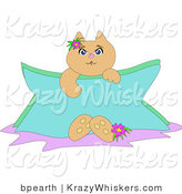 Critter Clipart of a Cute Tan Kitty Cat Holding a Blank Blue Sign, a Flower at Its Feet and by Its Ear by