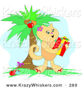 Critter Clipart of a Cute Tan Kitty Cat Holding a Candy Cane and Christmas Gift Under a Palm Tree by