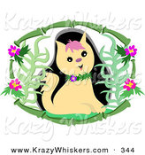 Critter Clipart of a Cute Tan Kitty Cat Wearing a Floral Collar, Inside a Bamboo Frame with Flowers by