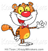 Critter Clipart of a Cute Tiger Wearing a Red Bow Tie and Waving Hello by Hit Toon