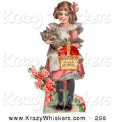 Critter Clipart of a Cute Vintage Valentine of a Sweet Little Girl Carrying a Basket of Red Hearts and a Cat in Her Arms, Walking in a Flower Garden, Circa 1885 by OldPixels