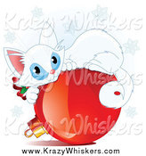 Critter Clipart of a Cute White Christmas Kitten Curled up on a Red Ornament by Pushkin