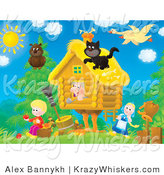 Critter Clipart of a Family and Animals Around a Cottage - Royalty Free by Alex Bannykh