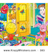 Critter Clipart of a Father Peeking in a Bright, Colorful Room, Watching His Son and Daughter Play by Alex Bannykh