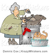 Critter Clipart of a Female Pet Groomer Cutting and Trimming Dog Hair While a Cat Bathes Nearby by Djart