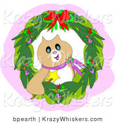 Critter Clipart of a Festive Brown Christmas Cat Holding a Magic Wand Inside a Wreath by