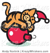 Critter Clipart of a Festive Orange Cat Wearing a Santa Hat and Lying on a Red Christmas Bauble Ornament by Andy Nortnik