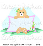 Critter Clipart of a Friendly Beige Cat Sitting by Flowers in Grass, Holding a Blank Advertising Sign by