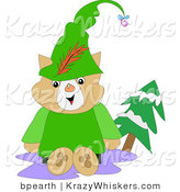 Critter Clipart of a Friendly Brown Robin Hood Cat in Green, Sitting Outside by an Evergreen Tree by