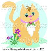 Critter Clipart of a Friendly Orange Cat Wearing a Floral Collar, Sitting Beside Purple Flowers by