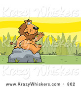 Critter Clipart of a Friendly Waving Male Lion Character on a Rock by Cory Thoman