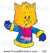 Critter Clipart of a Friendly Yellow Kitty Wearing a Winter Coat and Waving by Alex Bannykh