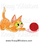 Critter Clipart of a Frisky Ginger Kitten Playing with a Ball of Red Yarn by Pushkin
