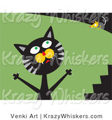 Critter Clipart of a Frustrated Black and Gray Tabby Cat Trying to Catch a Mouse That's Teasing Him and Laughing on Top of a Bush by