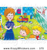 Critter Clipart of a Ginger Cat and a Pair of Kids Getting Help from Mom in a Bathroom by Alex Bannykh