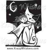 Critter Clipart of a Girl Hugging a Giant Cat, in Black and White Woodcut Style by Xunantunich