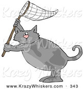Critter Clipart of a Gray Kitty Cat Standing on Its Hind Legs and Holding up a Fishing Net by Djart