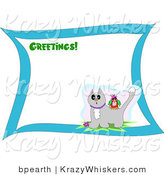 Critter Clipart of a Greetings Stationery Sheet with Green Text and a Colorful Bird on the Back of a Surprised Gray Cat with Snow on Its Head by