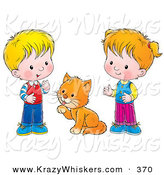 Critter Clipart of a Grooming Cat Between a Little Boy and Girl on a White Background by Alex Bannykh