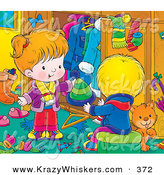 Critter Clipart of a Grooming Orange Kitty Cat in a Room with a Little Boy in Girl As They Go Through Their Winter Clothes by Alex Bannykh