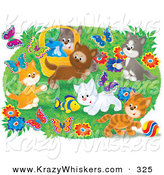 Critter Clipart of a Group of Many Happy Kittens Playing with a Toy Fish and Chasing Butterflies Outdoors in a Flower Garden by Alex Bannykh