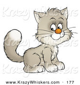 Critter Clipart of a Happy and Adorable White and Gray Kitty Cat Sitting and Smiling by Alex Bannykh