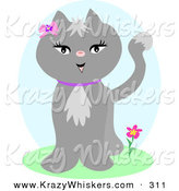 Critter Clipart of a Happy and Pretty Female Gray Cat Wearing a Purple Collar and a Pink Bow and Flower by Her Ear by