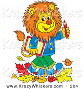 Critter Clipart of a Happy and Smart Young Male Lion Wearing Clothes, Walking Through Fallen Leaves and Carrying a Book and Pencil to School by Alex Bannykh