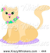 Critter Clipart of a Happy Beige Kitty Cat with Green Eyes, Wearing a Floral Collar and a Purple Flower by Her Ear, Sitting on a Purple Rug by