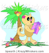 Critter Clipart of a Happy Brown Cat Holding a Christmas Gift Under a Decorated Palm Tree by