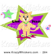 Critter Clipart of a Happy Brown Cat Wearing a Peace Symbol Necklace, Standing in Front of Stars with Live Peace Text by