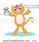 Critter Clipart of a Happy Brown Kitten Holding up a Mouse with "Free Mouse with Every Computer" Text by