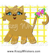 Critter Clipart of a Happy Cat with a Butterfly and Yellow Lattice by