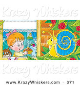 Critter Clipart of a Happy Cute Girl and Cat Holding a Cake out to a Snail in a Raspberry Bush by Alex Bannykh